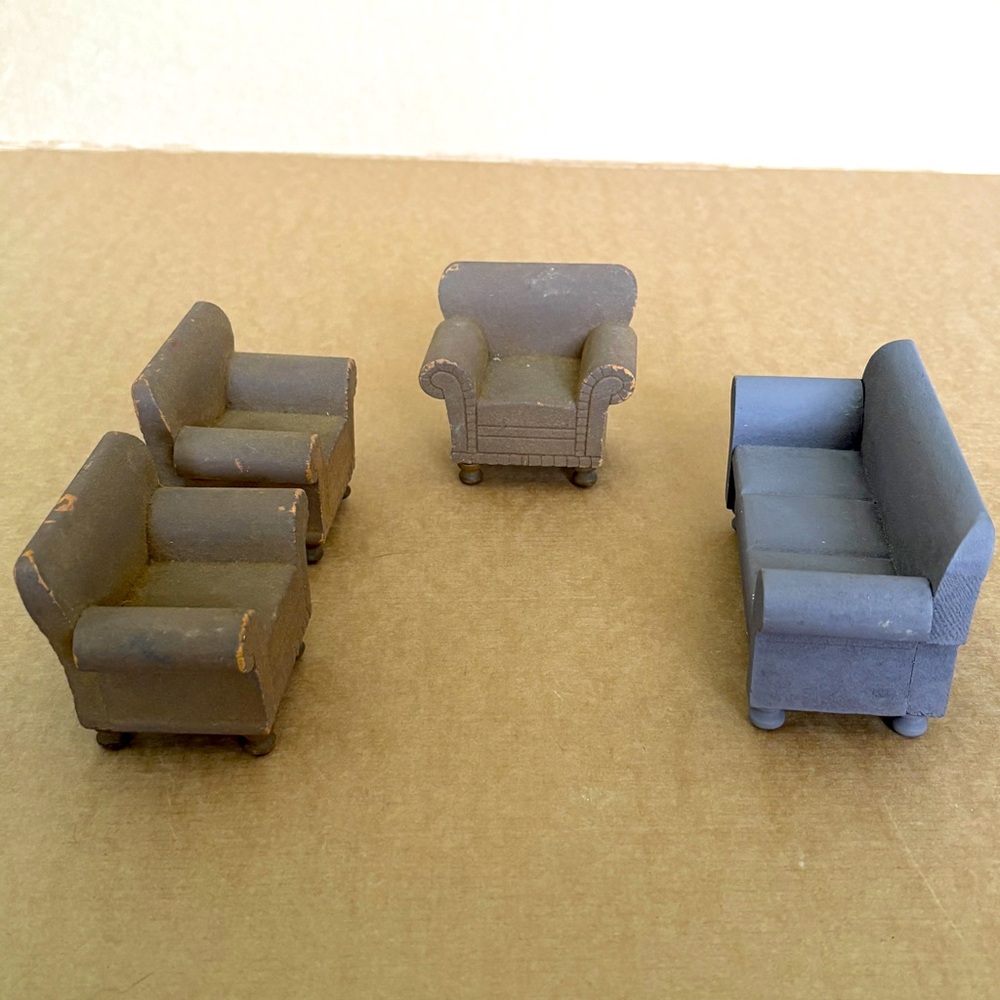 Vintage Strombecker Style Wood Doll House Brown Club Chair 3 Couch Blue 1 Flock
